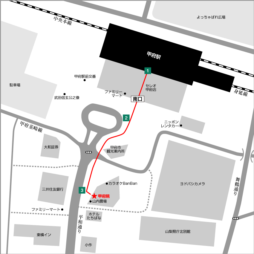 東京ノーストクリニック 山梨県甲府院の詳細地図と行き方・道順案内